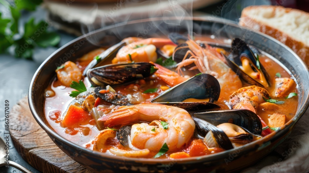 Delicious bouillabaisse with fish, mussels, and shrimp, in a steaming hot bowl Delicious bouillabaisse with fish, mussels, and shrimp, in a steaming hot bowl