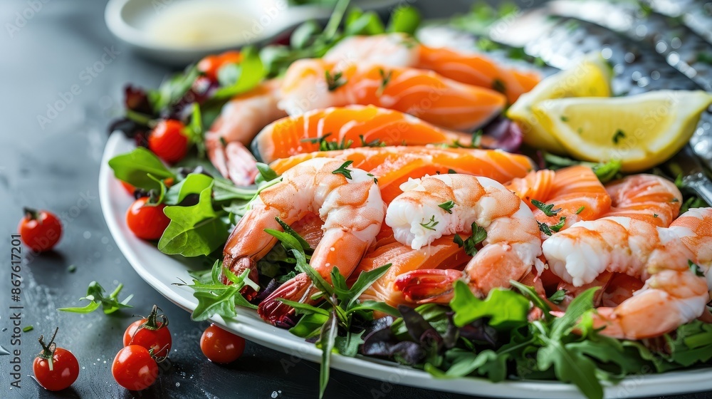 Delicious seafood platter with shrimp and salmon, presented with fresh greens