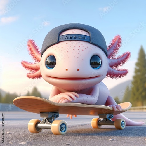 cute axolotl playing skateboard cartoon 3d Generative AI