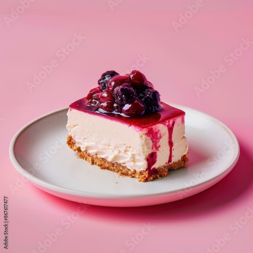 Delicious slice of blueberry cheesecake on white plate isolated on pink background