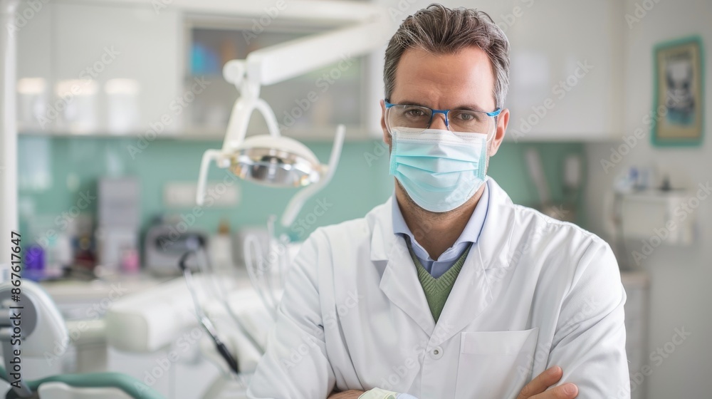 Portrait of a Dentist in a White Coat Wearing a Protective Mask in a Dental Office Portrait of a Dentist in a White Coat Wearing a Protective Mask in a Dental Office