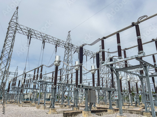 230 kV power system switchyard comprising breaker, current transformer, disconnecting switch, and take-off structure photo