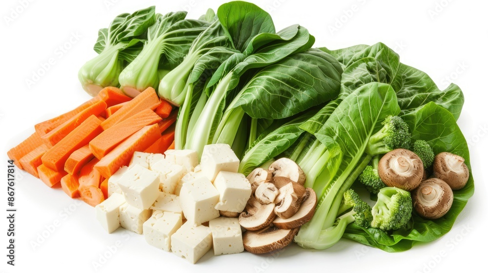 Fresh mixed vegetables for Shabu, including bok choy, mushrooms, and tofu, neatly arranged on white Fresh mixed vegetables for Shabu, including bok choy, mushrooms, and tofu, neatly arranged on white
