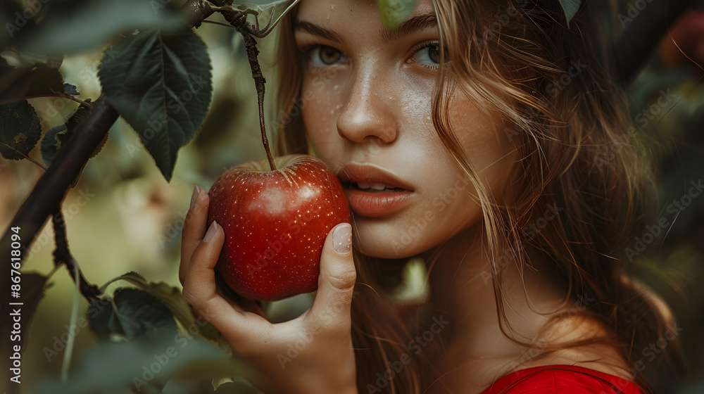 beautiful girl - model bites an apple that hangs on a tree beautiful girl - model bites an apple that hangs on a tree