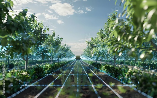 A field of trees with a grid of digital lines overlayed, symbolizing modern agriculture.