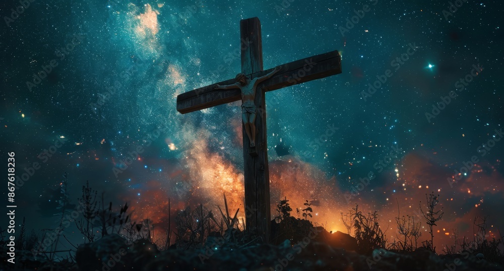 Wooden Cross Against a Starry Night Sky Wooden Cross Against a Starry Night Sky