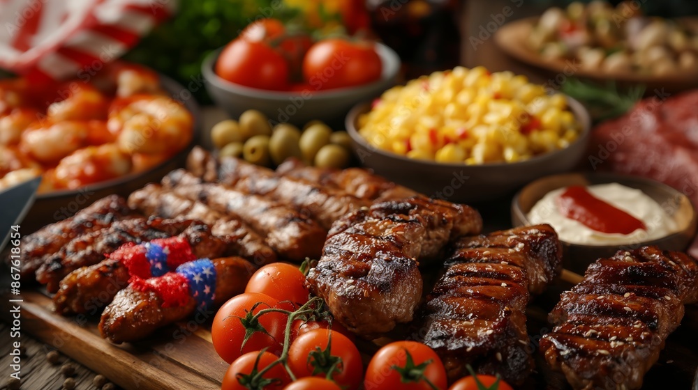 Close-up of Grilled Meats and Fresh Vegetables on a Wooden Board Close-up of Grilled Meats and Fresh Vegetables on a Wooden Board