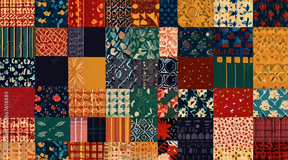Create a vibrant patchwork quilt illustration using a mix of traditional and modern fabric patterns Create a vibrant patchwork quilt illustration using a mix of traditional and modern fabric patterns