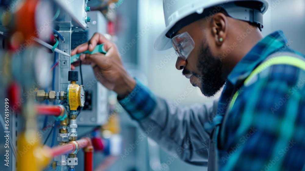 Close Up of an Industrial Worker Wearing Safety Gear and Inspecting a Control Panel Close Up of an Industrial Worker Wearing Safety Gear and Inspecting a Control Panel