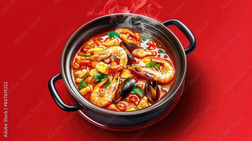 Hot pot of spicy seafood soup, filled with shrimp, mussels, and vegetables, isolated on red Hot pot of spicy seafood soup, filled with shrimp, mussels, and vegetables, isolated on red