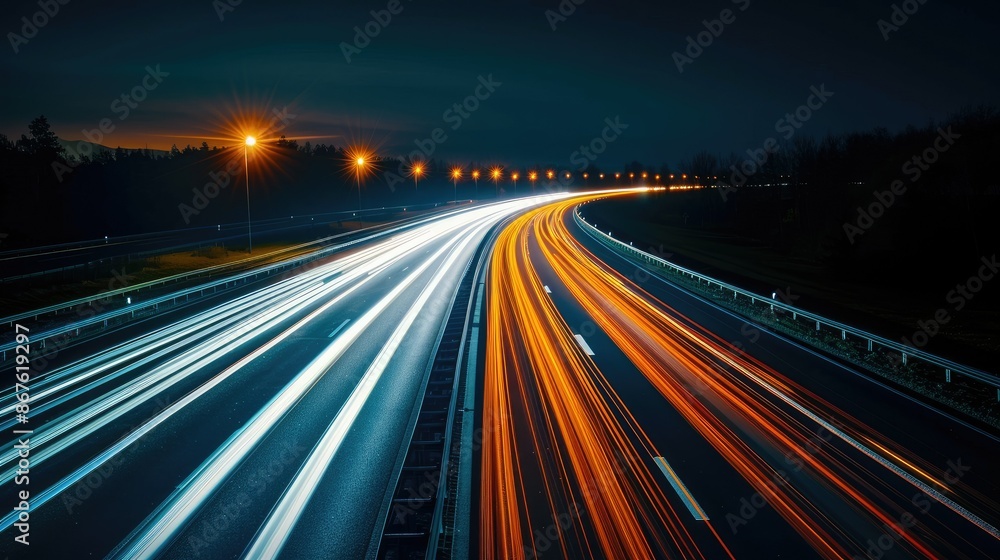 Long exposure shot of orange car lights creating streaks on a highway at night, portraying urban speed Long exposure shot of orange car lights creating streaks on a highway at night, portraying urban speed
