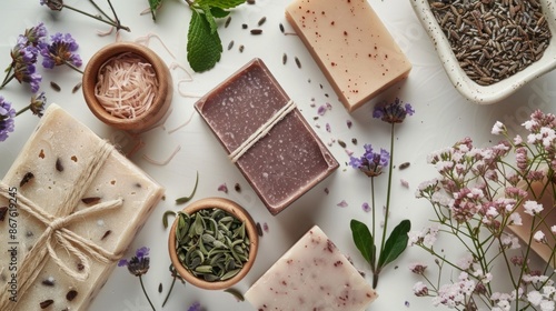 Eco-Harmony in Daily Care: Top View Photography of Natural Handmade Soap and Sustainable Personal Care Products