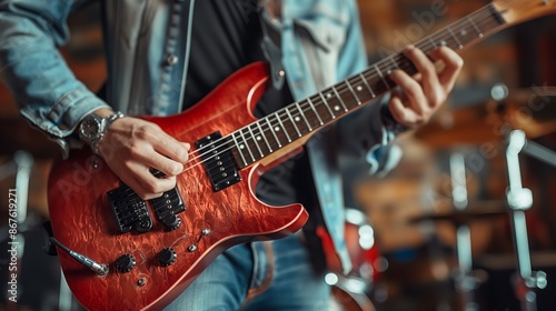 Close-up Guitarist Playing Red Electric Guitar During Indoor Concert