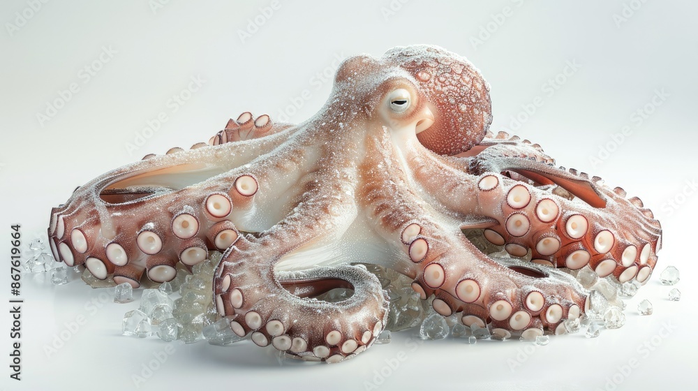 Raw iced octopus, highlighting texture and frost, on a white background Raw iced octopus, highlighting texture and frost, on a white background