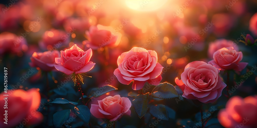 close up bunch of pink rose blossoming against sunset light, nature beauty background
close up bunch of pink rose blossoming against sunset light, nature beauty background