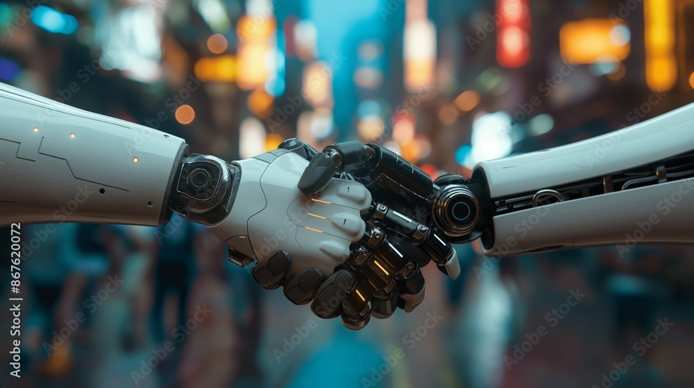 Futuristic Handshake Between Two Robots in a Neon City Futuristic Handshake Between Two Robots in a Neon City