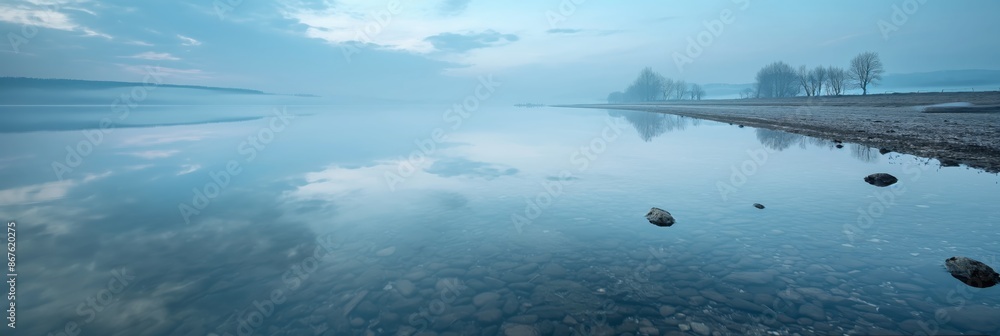 Naklejka premium marshland shallow water panoramic view with morning mist fog , beauty nature landscape 