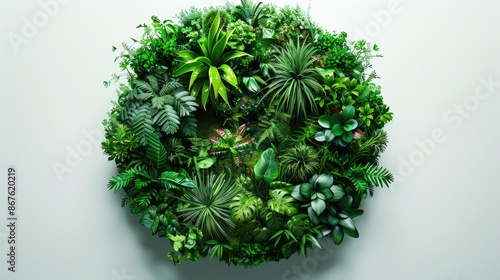 Round surface patch with lush green plants and delicate flowers, creating a natural oasis on white