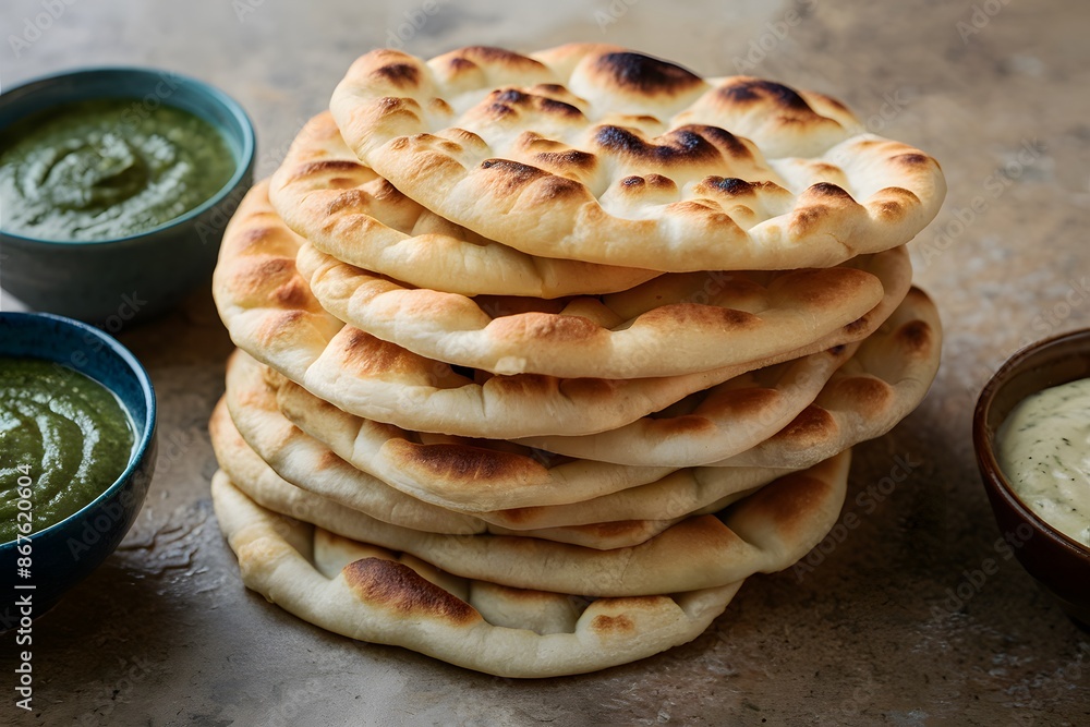 Fresh flatbreads with dips warm, rustic setting Fresh flatbreads with dips warm, rustic setting
