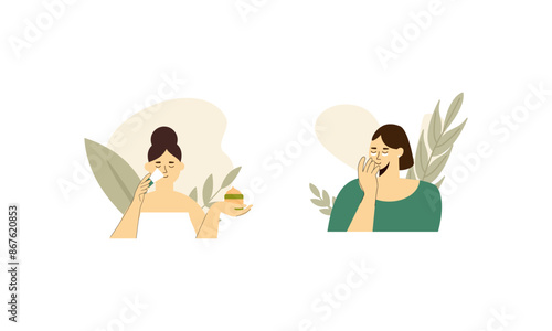 Women enjoy skin care routine at home illustration