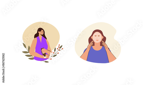 Women enjoy skin care routine at home illustration