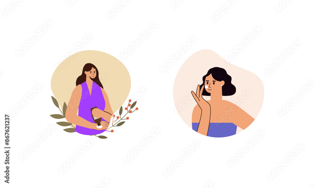 Women enjoy skin care routine at home illustration Women enjoy skin care routine at home illustration