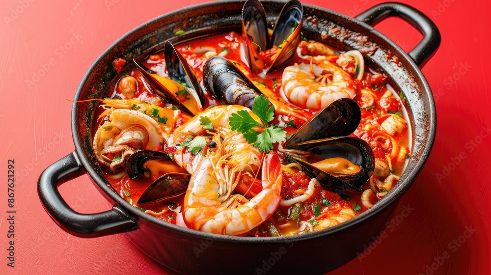 Spicy seafood soup in a hot pot, filled with shrimp, squid, and mussels, isolated on red Spicy seafood soup in a hot pot, filled with shrimp, squid, and mussels, isolated on red