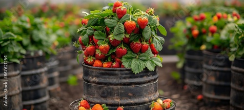 close up fruitful red ripe strawberry grown in barrel  at farm photo