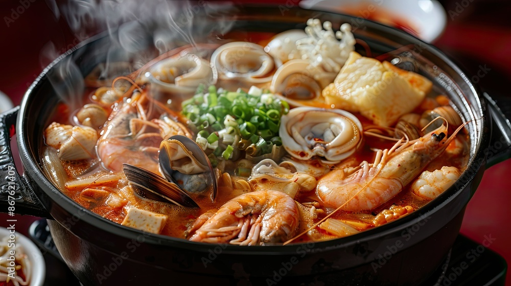 Steaming hot pot of spicy mixed seafood soup, with shrimp, squid, and clams, isolated on red Steaming hot pot of spicy mixed seafood soup, with shrimp, squid, and clams, isolated on red