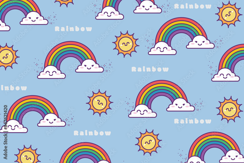 Rainbow, Cloud, and Sun Seamless Pattern. Rainbow Wrapping Paper. Rainbow, Cloud, and Sun Seamless Pattern. Rainbow Wrapping Paper.