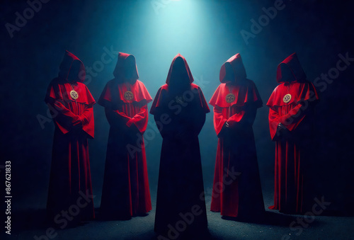 Members of a mysterious sect wearing red hoods against a dark background with darkness enveloping the scene, Generative AI photo