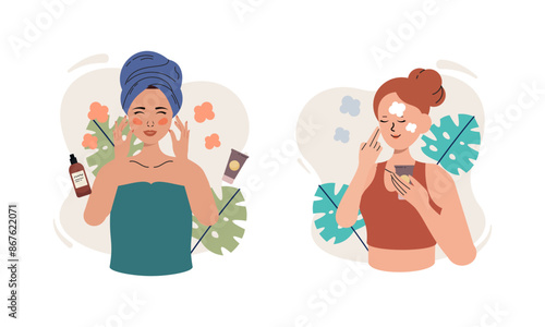 Women enjoy skin care routine at home illustration