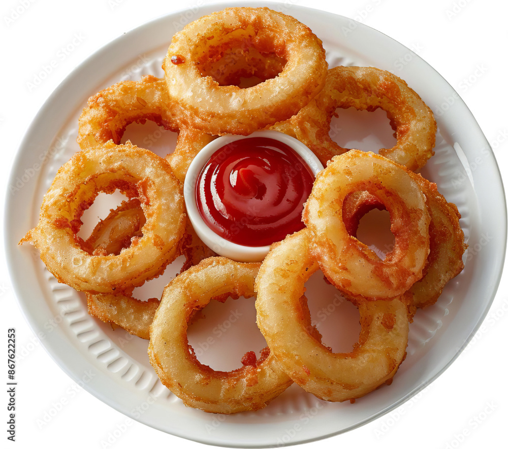 A plate of crispy onion rings with a small dish of ketchup. A plate of crispy onion rings with a small dish of ketchup.