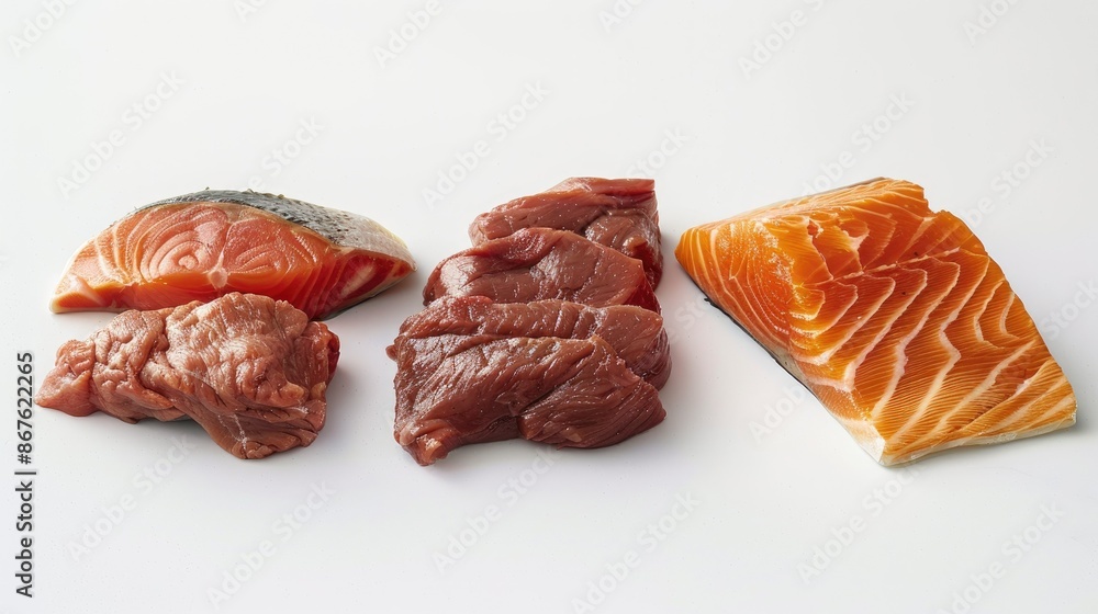 Trio of raw meats: salmon, chicken fillet, and beef steak, arranged neatly on a plain white background Trio of raw meats: salmon, chicken fillet, and beef steak, arranged neatly on a plain white background