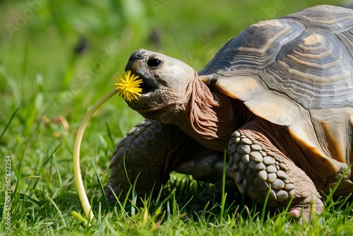 Nature's Munch Tortoise biting yellow dandelion in lush green field, intricate shell patterns photo