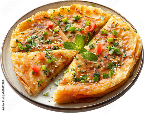 A savory flatbread topped with herbs, tomatoes, and sesame seeds, sliced into four pieces on a white plate.