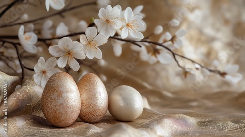 Elegant Decorative Eggs and Cherry Blossoms on Silk Fabric Background