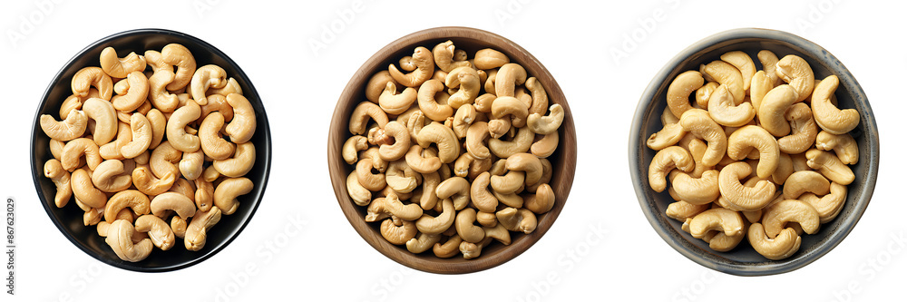 set of bowls filled with cashew nuts isolated on a white or transparent background set of bowls filled with cashew nuts isolated on a white or transparent background