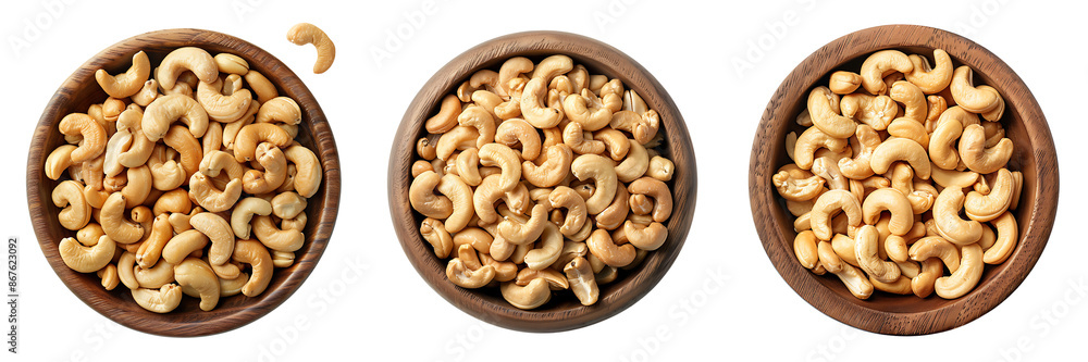 set of bowls filled with cashew nuts isolated on a white or transparent background set of bowls filled with cashew nuts isolated on a white or transparent background
