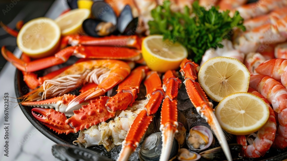 Vibrant seafood platter with king crab legs, prawns, and clams, served with lemon slices Vibrant seafood platter with king crab legs, prawns, and clams, served with lemon slices