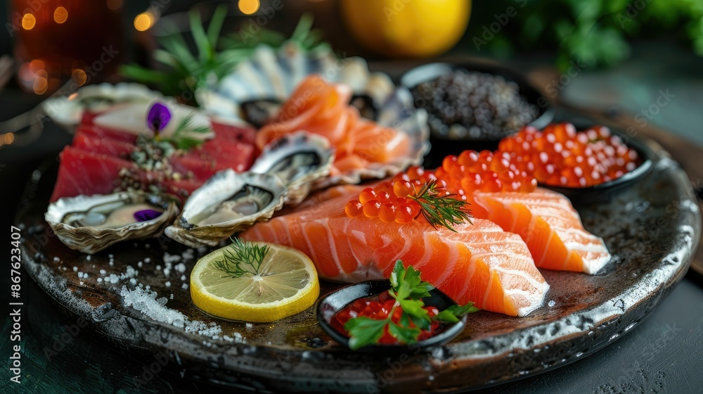 Vibrant seafood platter with salmon, tuna, caviar, oysters, dorado fish, and shellfish, garnished with lemon Vibrant seafood platter with salmon, tuna, caviar, oysters, dorado fish, and shellfish, garnished with lemon