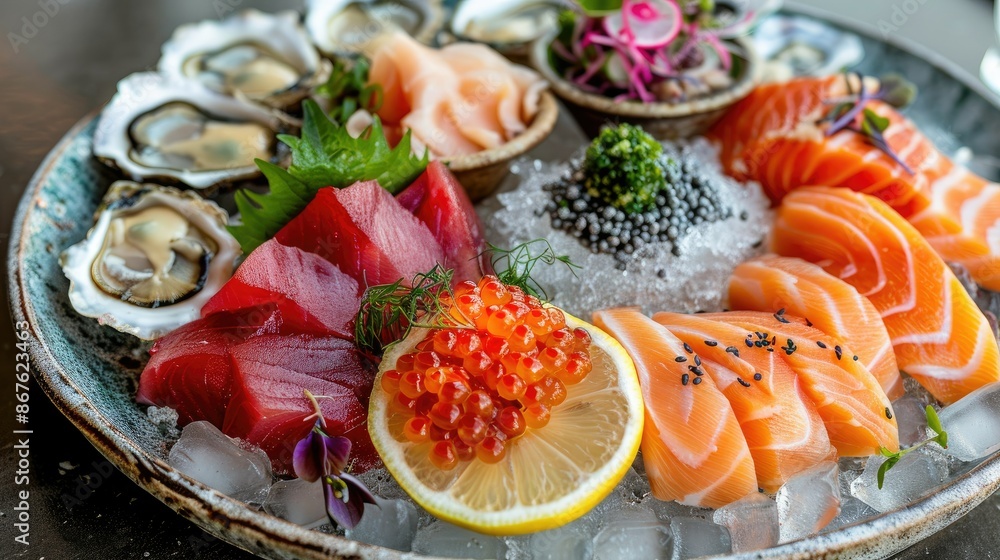 Vibrant seafood platter with salmon, tuna, caviar, oysters, dorado fish, and shellfish, garnished with lemon Vibrant seafood platter with salmon, tuna, caviar, oysters, dorado fish, and shellfish, garnished with lemon