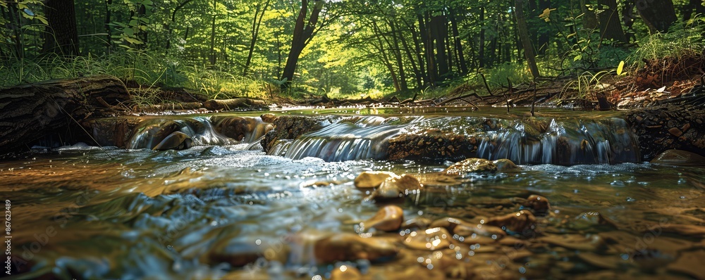 A peaceful forest stream, with clear waters bubbling over smooth rocks and fallen logs. A peaceful forest stream, with clear waters bubbling over smooth rocks and fallen logs.