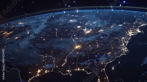 Fototapeta Naklejka Na Ścianę i Meble -  United states enveloped by an interconnected satellite network, depicting global connectivity and technology advancement, space exploration concept with a dark blue sky and glowing satellite constella