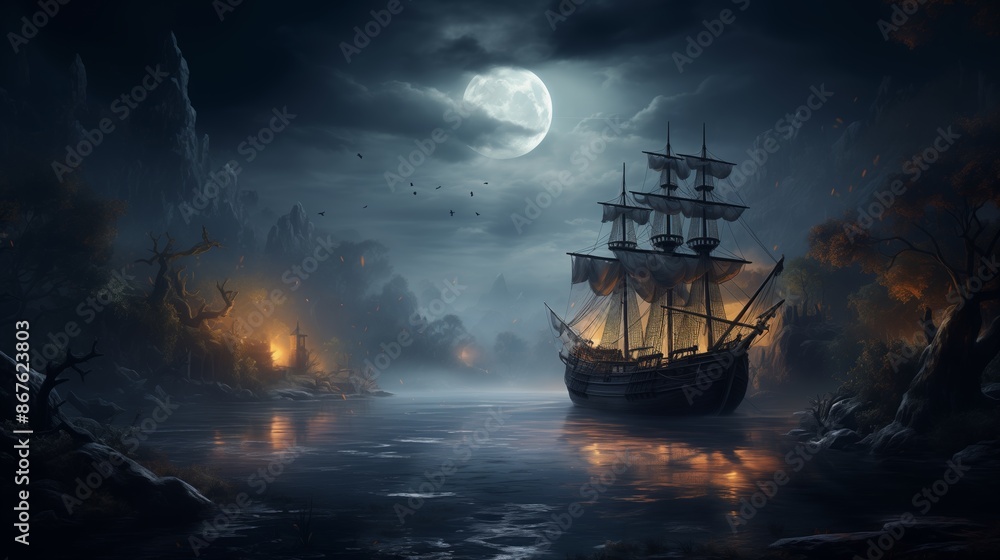 Obraz premium Ghostly Sailing Ship in a Moonlit Misty Bay