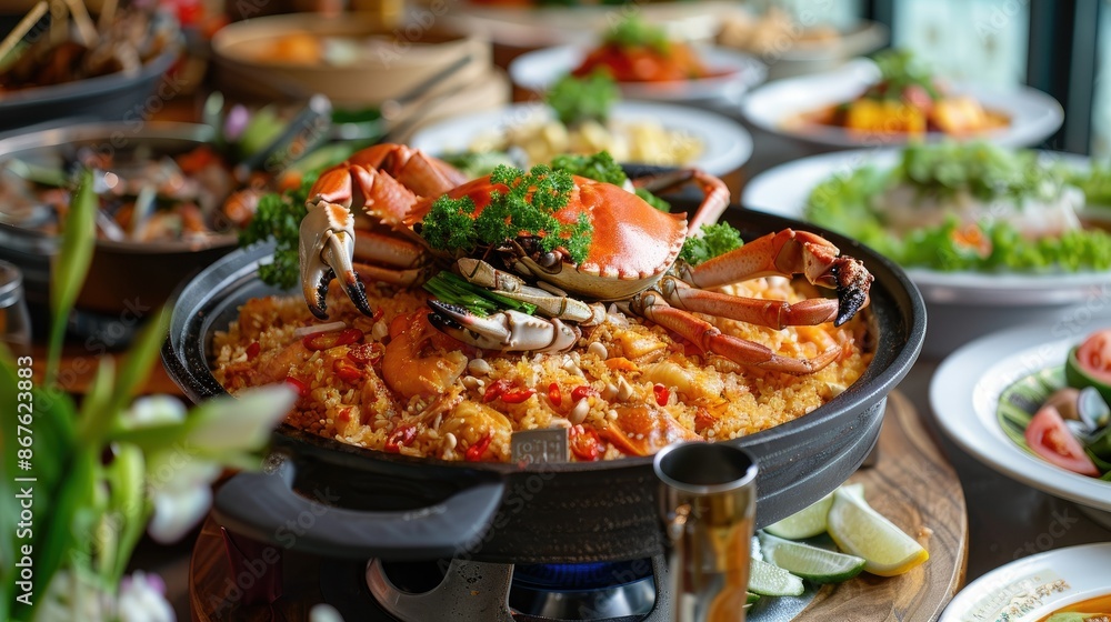 Fototapeta premium Vibrant Thai-style buffet featuring Crab Fried Rice and a variety of seafood dishes, ideal for culinary inspiration