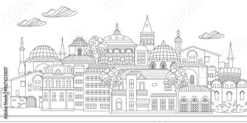 coloring book page for adults and children. cloudy cityscape