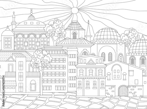 coloring book page for adults and children. sunny cityscape with