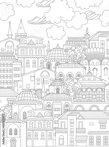 coloring book page for adults and children. cloudy scenery europ