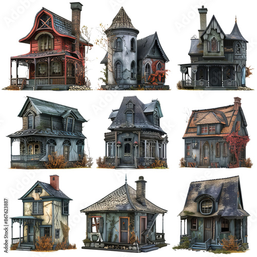 A collection of nine unique, detailed haunted house illustrations, perfect for Halloween themes or spooky designs. photo